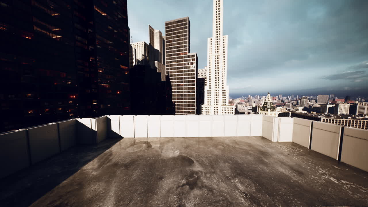 Vast rooftop view of urban skyline with modern buildings and cloudy sky