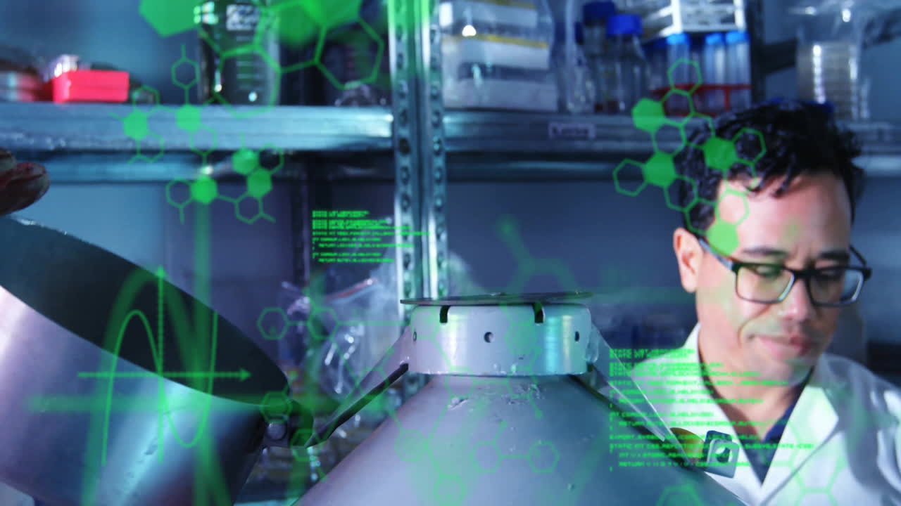 animación de fórmulas químicas y procesamiento de datos sobre diversos científicos que hacen experimentos