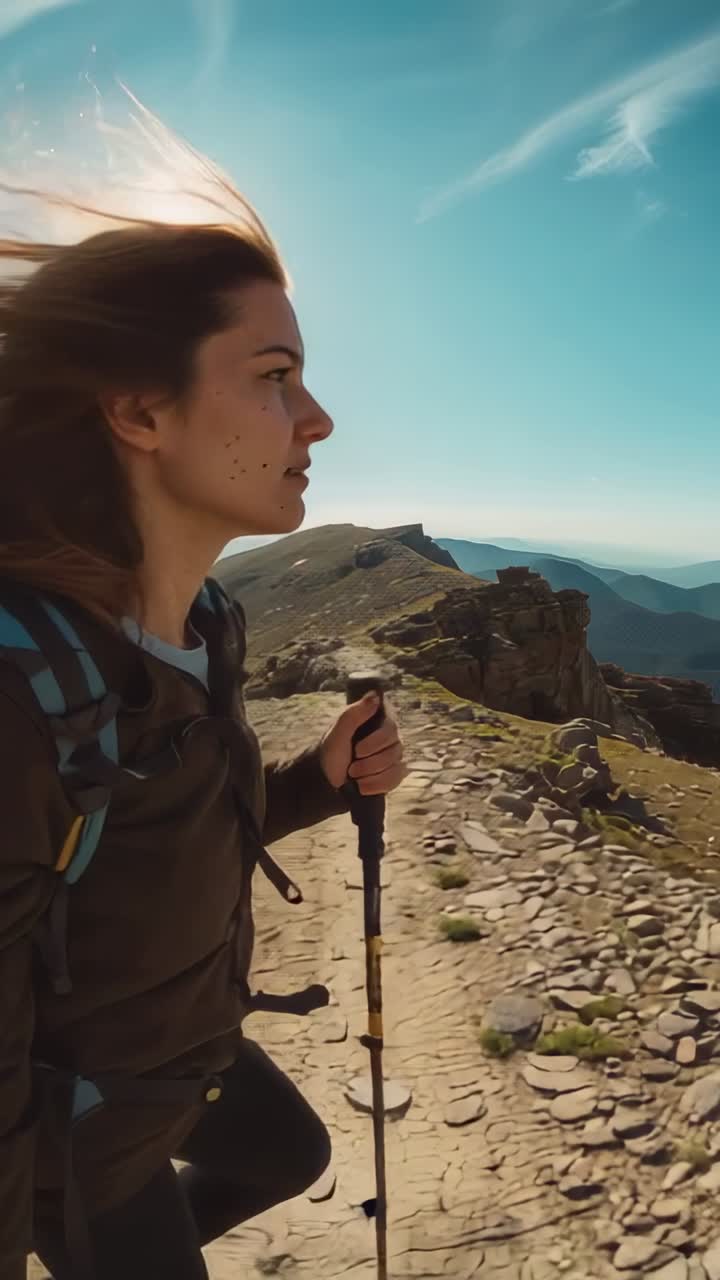 Video verticale: Escursionista che fa il primo passo diretto verso la cima su un crinale, piantando il bastoncino con lo zaino, con spazio per il testo.