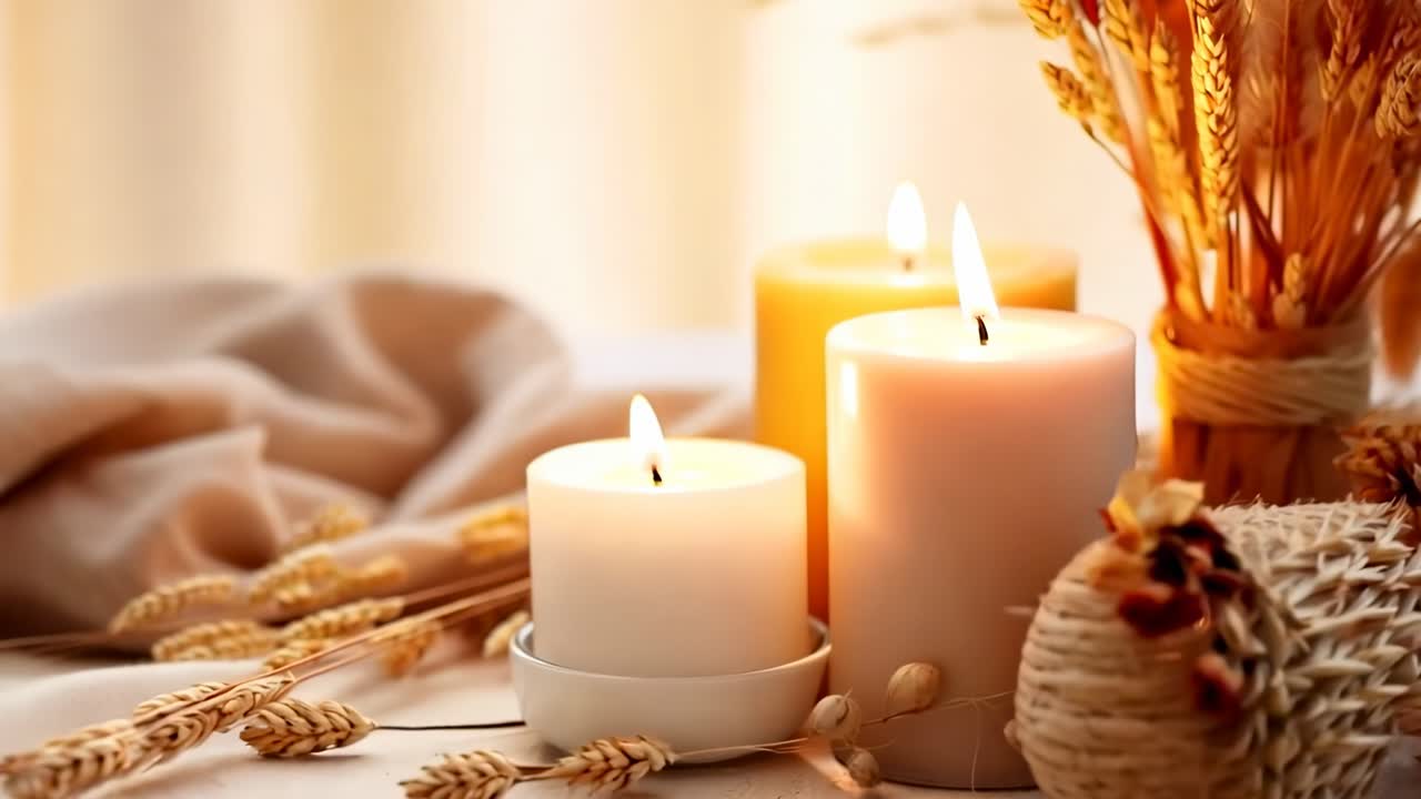 Warm, cozy scene with lit candles and wheat, captured from a low angle