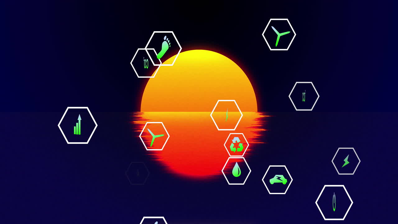 Large glowing sun orb shining over calm sea, showing hexagon icons featuring renewable energy