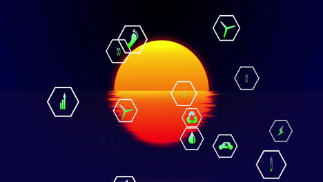 large glowing sun orb shining over calm sea, showing hexagon icons featuring renewable energy