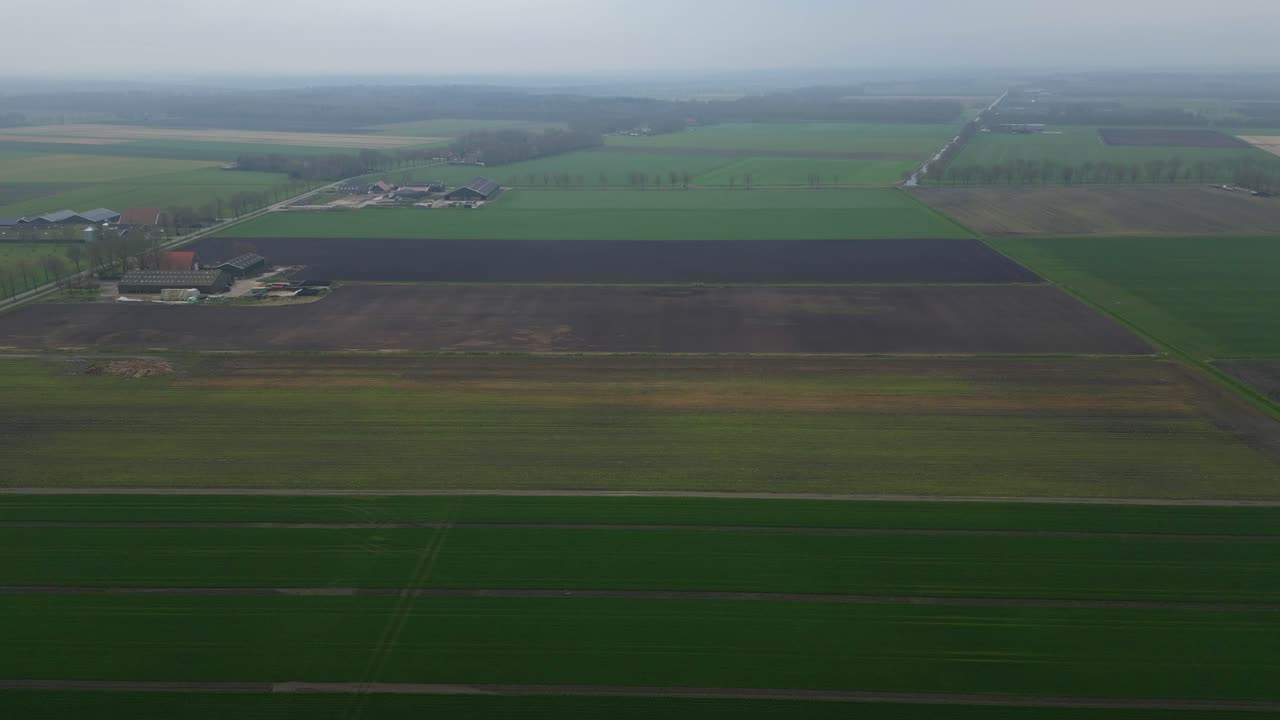 взгляд с воздуха на зеленые сельскохозяйственные поля в дренте, нидерланды