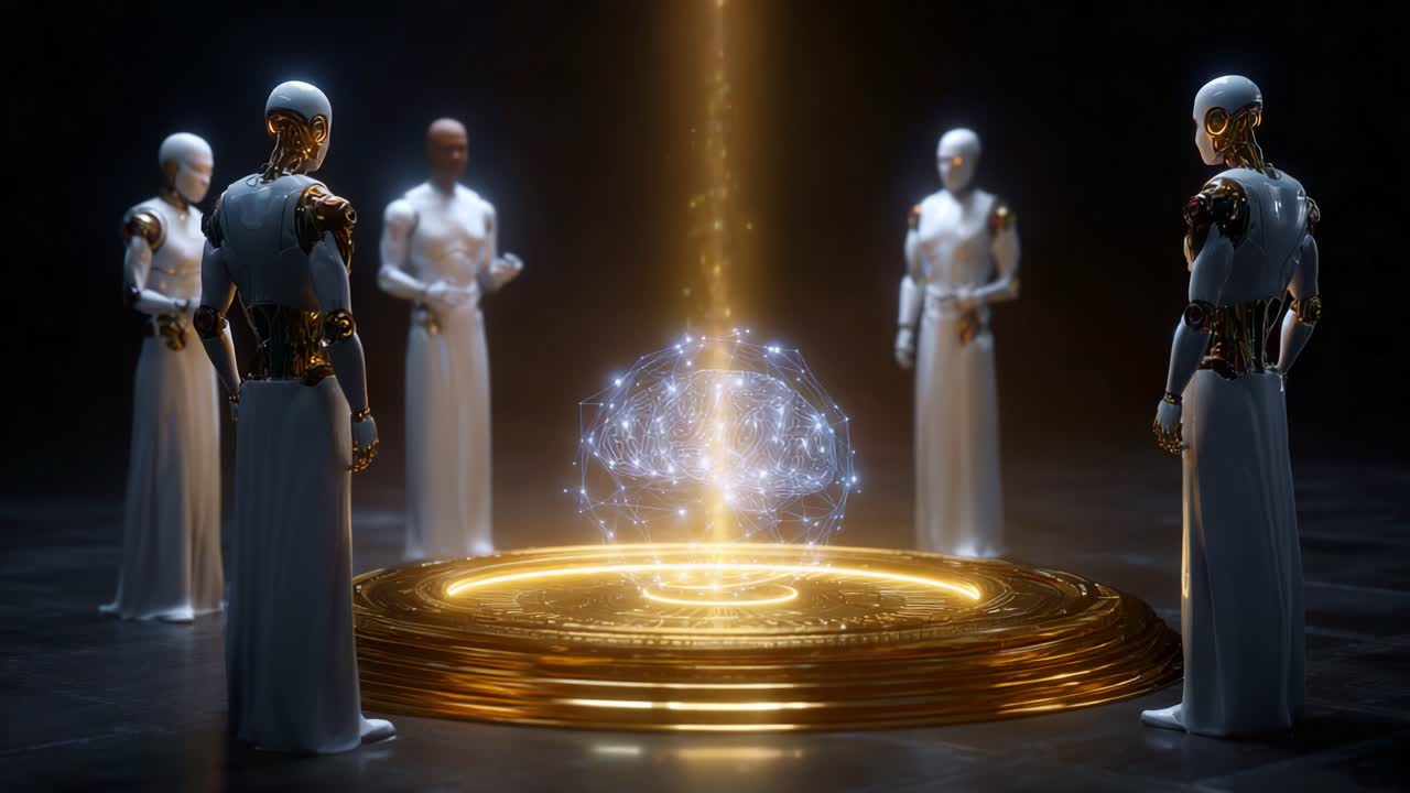A group of futuristic robots encircling a glowing brain projection, showcasing a profound connection between technology and intelligence in a mesmerizing digital environment