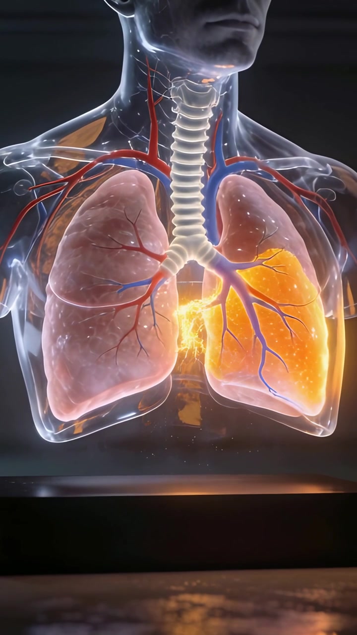 Video verticale: Torso in animazione che mostra un bagliore che si diffonde attraverso i bronchi su una base scura per mostrare i polmoni