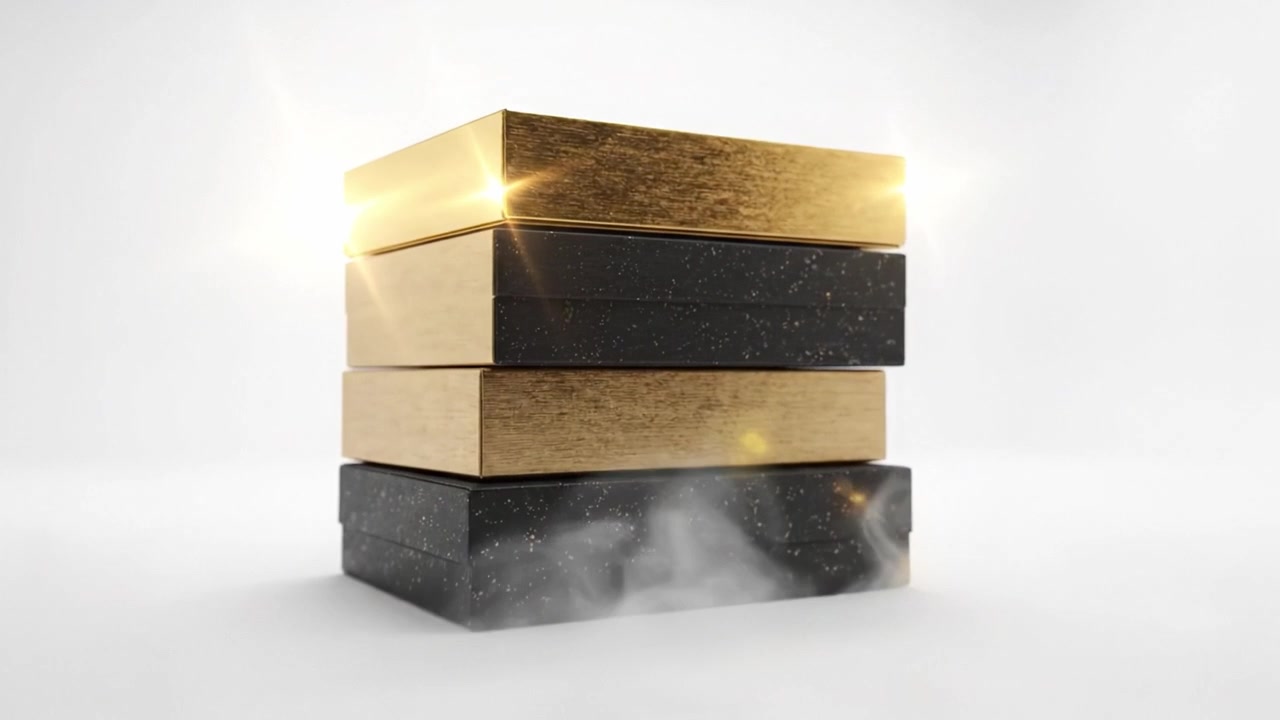 Tumpukan kotak yang menawan dan dibuat dengan elegan menampilkan kombinasi tekstur emas dan hitam, berlatar belakang cahaya minimalis untuk daya tarik visual