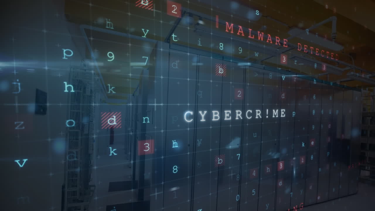 animación de procesamiento de datos y hacking de textos sobre la sala del servidor