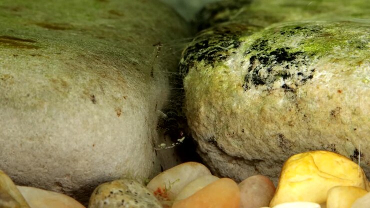 Larva di tricottero in torrente di trote, filmata sott'acqua. Descrizione; Primo piano subacqueo di una larva di tricottero (Hydropsychidae) senza astuccio che si nutre e pulisce la sua rete.