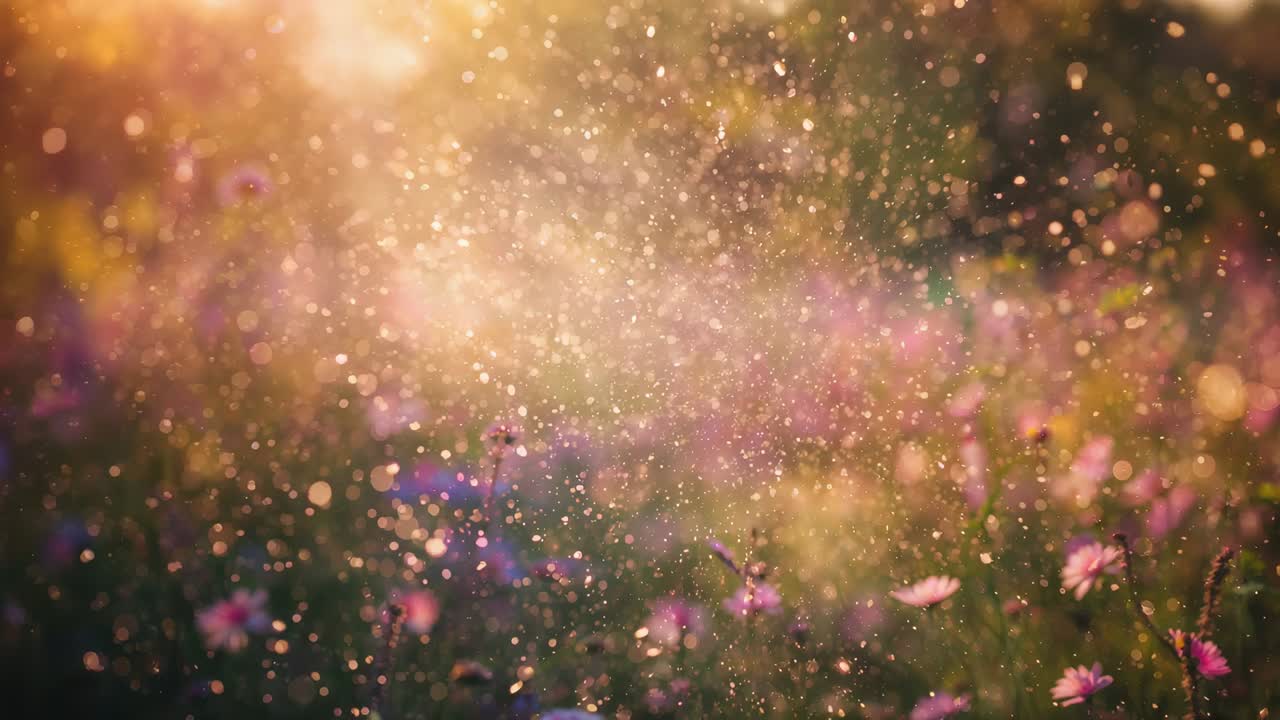 Luz solar aquecendo flores campestres rosadas, tipo margarida, liberando partículas de pólen por um prado na hora dourada.