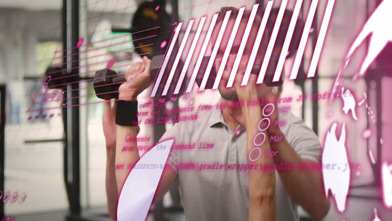 PT placing hands under client elbows, client pressing DBs on bench for fitness, pink overlay moving