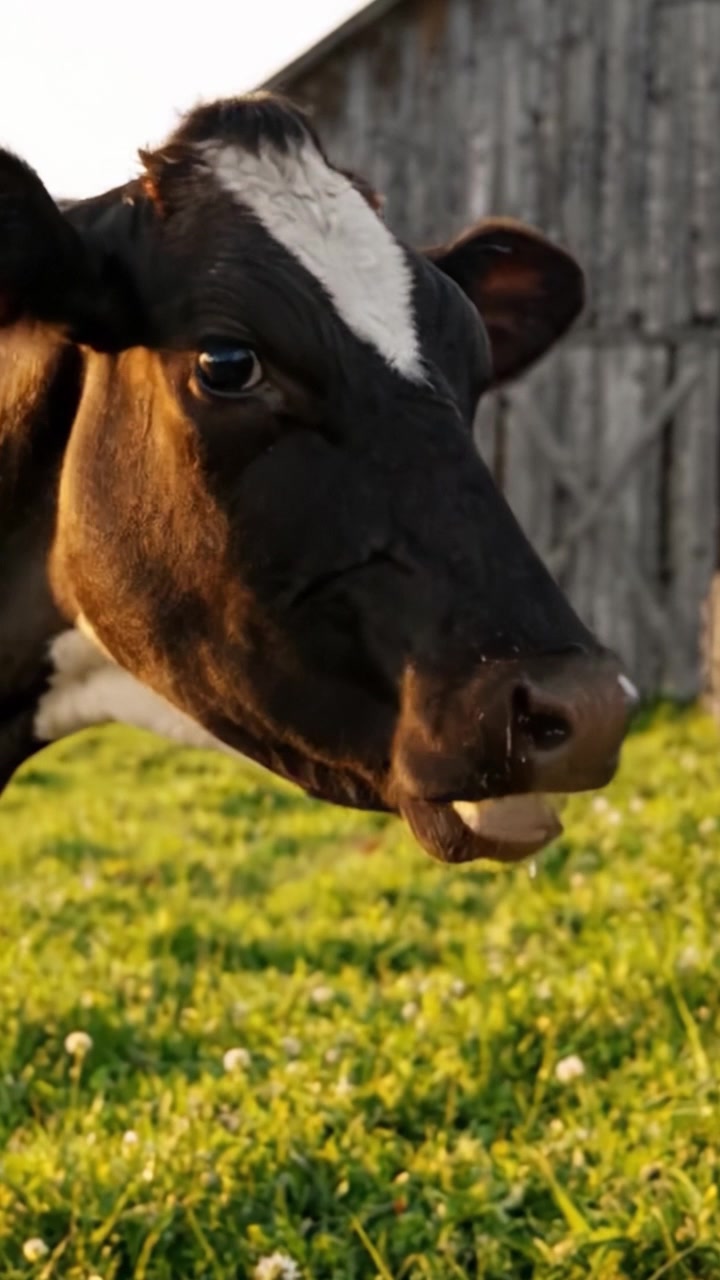 Primer Plano de una Vaca Satisfecha Pastando en un Exuberante Pastizal Verde Cerca de un Granero Rústico Mientras la Luz Dorada del Atardecer Cae Sobre la Escena