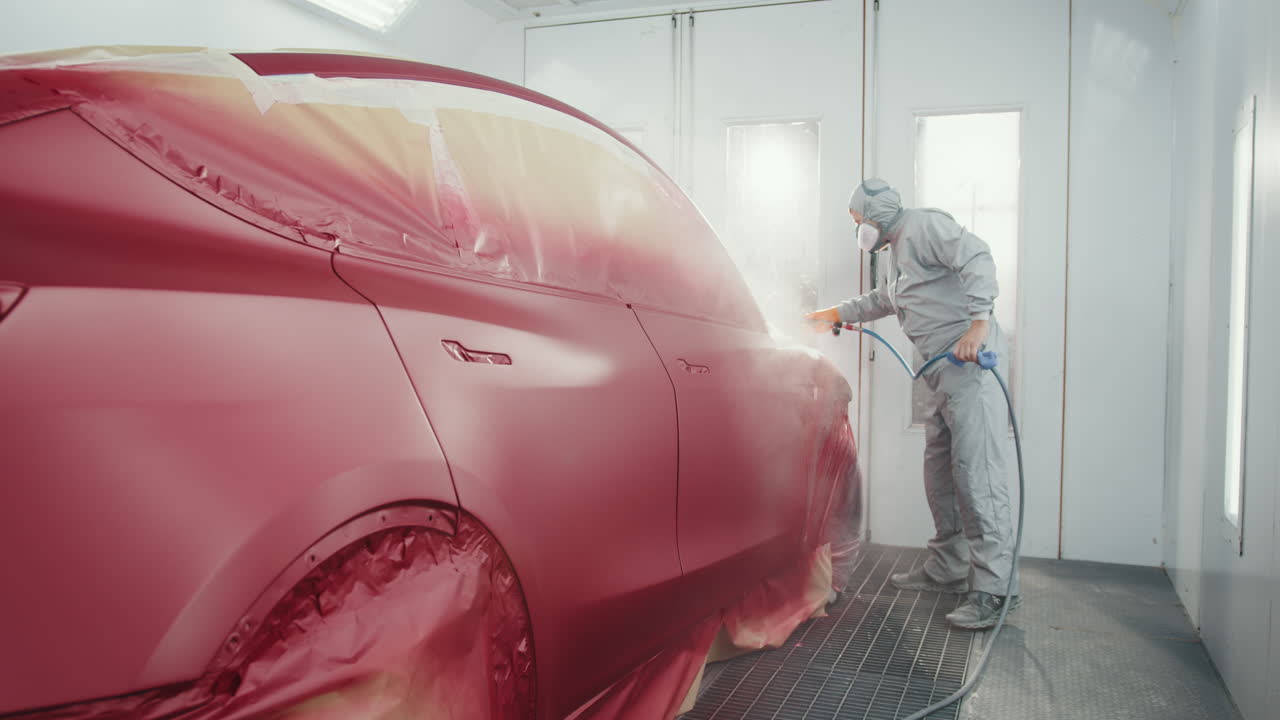 Red Electric Car Painting in a Paint Booth