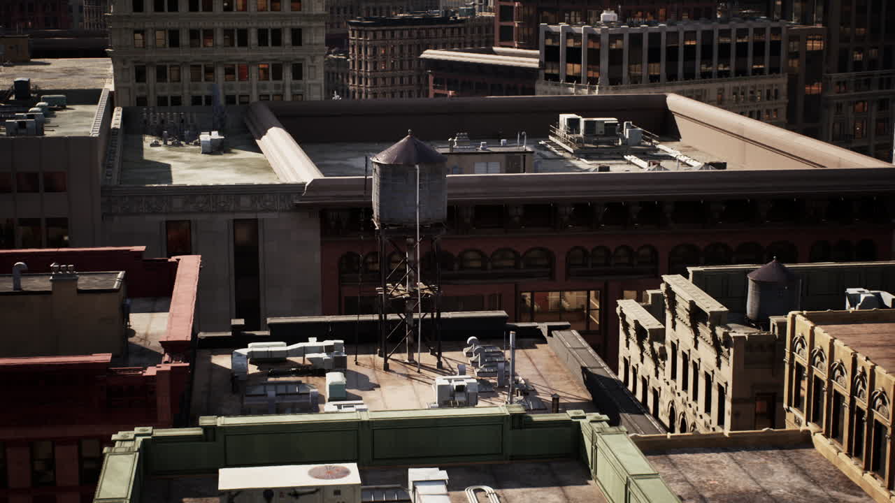 Rooftop view of urban buildings with a water tower in a bustling city