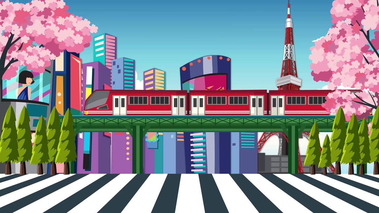 Paysage urbain de dessin animé stylisé avec des cerisiers en fleurs, des gratte-ciel et un train rouge traversant un pont.