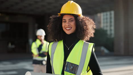 happy woman, architect and city for construction