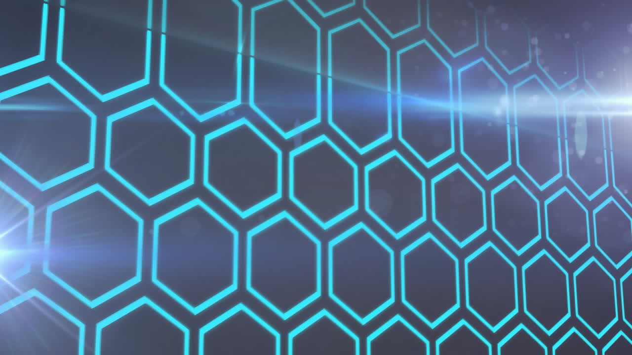 검은 바탕에 빛의 반점에 대한 육각형 모양의 디지털 애니메이션