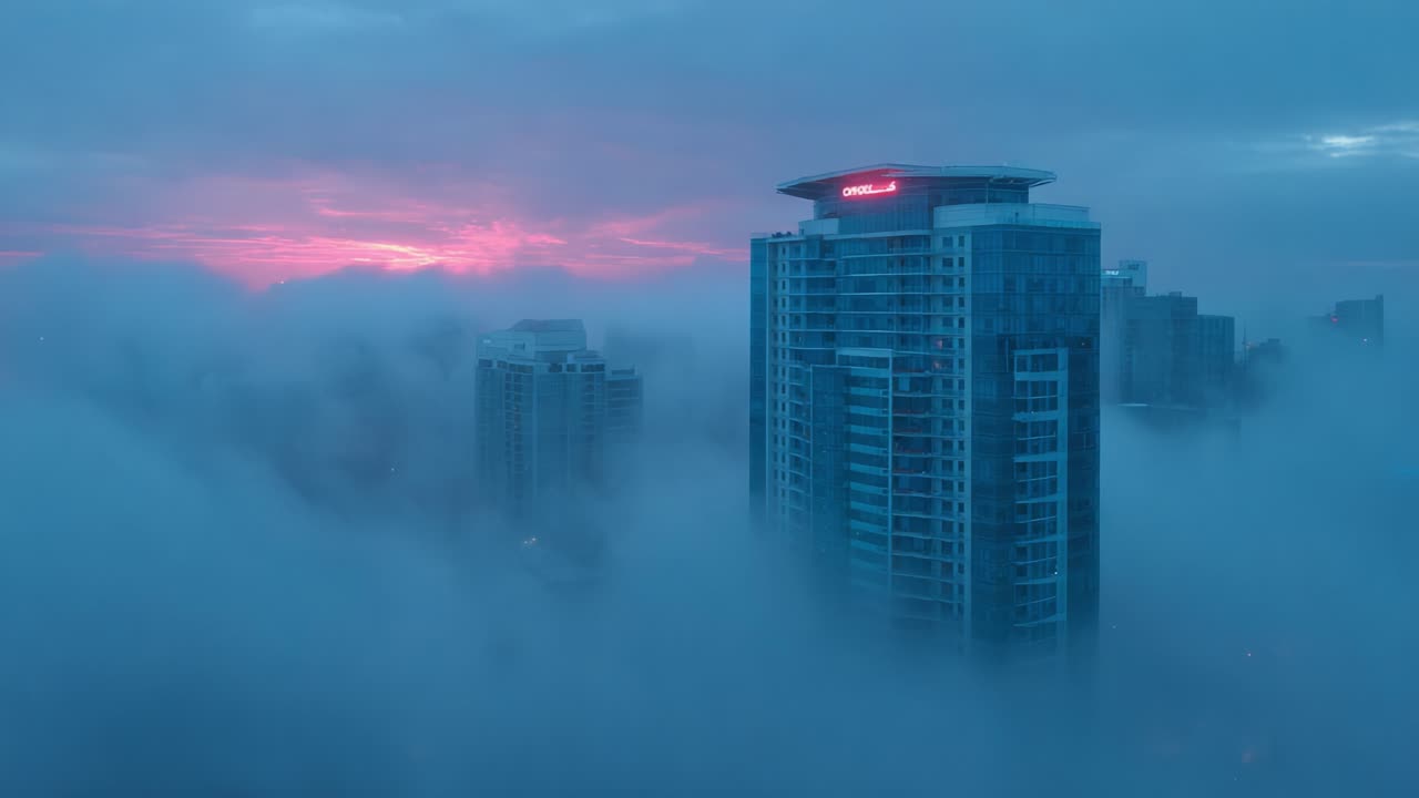 Majestic Urban Landscape in Early Morning Fog: Buildings Emerging from Clouds with a Beautiful Pink and Blue Sky Setting the Scene for a Serene Cityscape