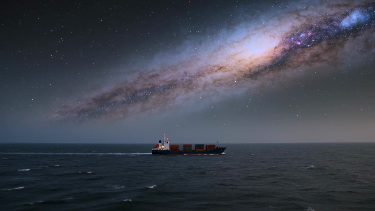 Luci di navigazione luminose guidano una nave da carico che si muove attraverso l'oceano di notte, trasportando container impilati.