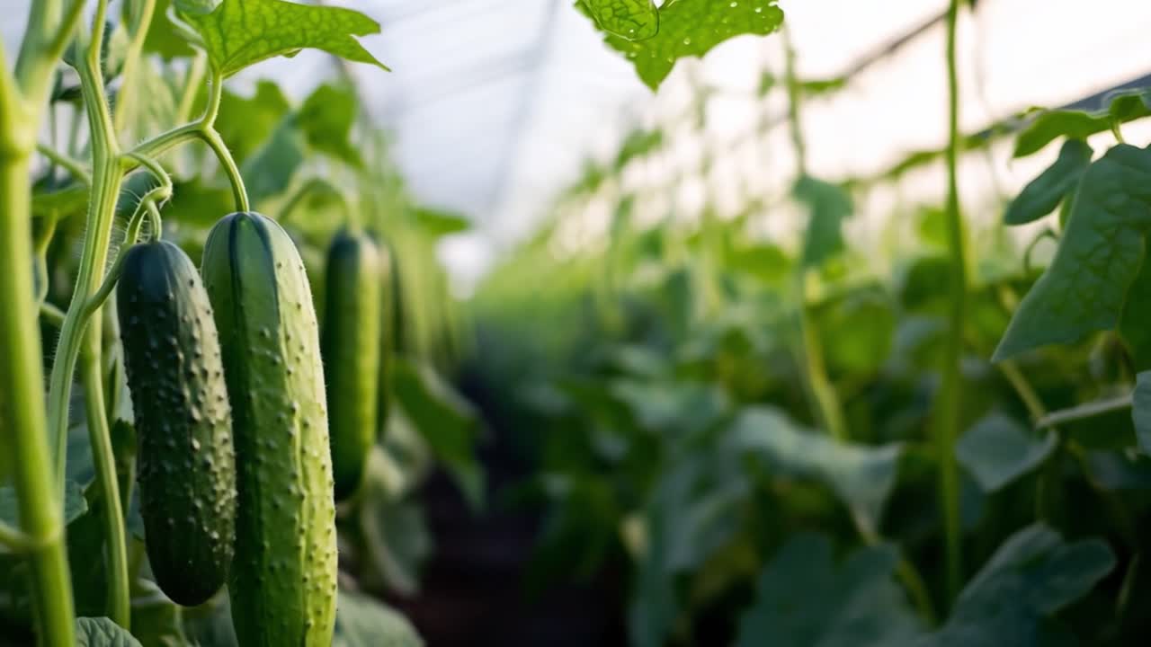 Cucumbers Growing in a Greenhouse