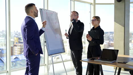 successful business people work together. businessmen in suits and beautiful woman talking near the white board and planning new strategy in office.