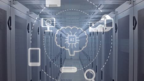 animation of ai data processing and icons over computer servers