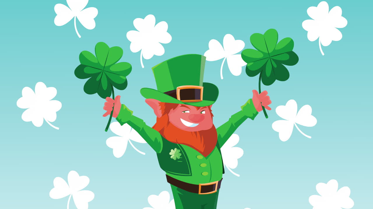 animação de feliz dia de são patrício com leprechaun levantando folhas de trevo