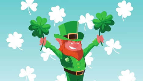 happy saint patricks day animation with leprechaun lifting clovers leafs