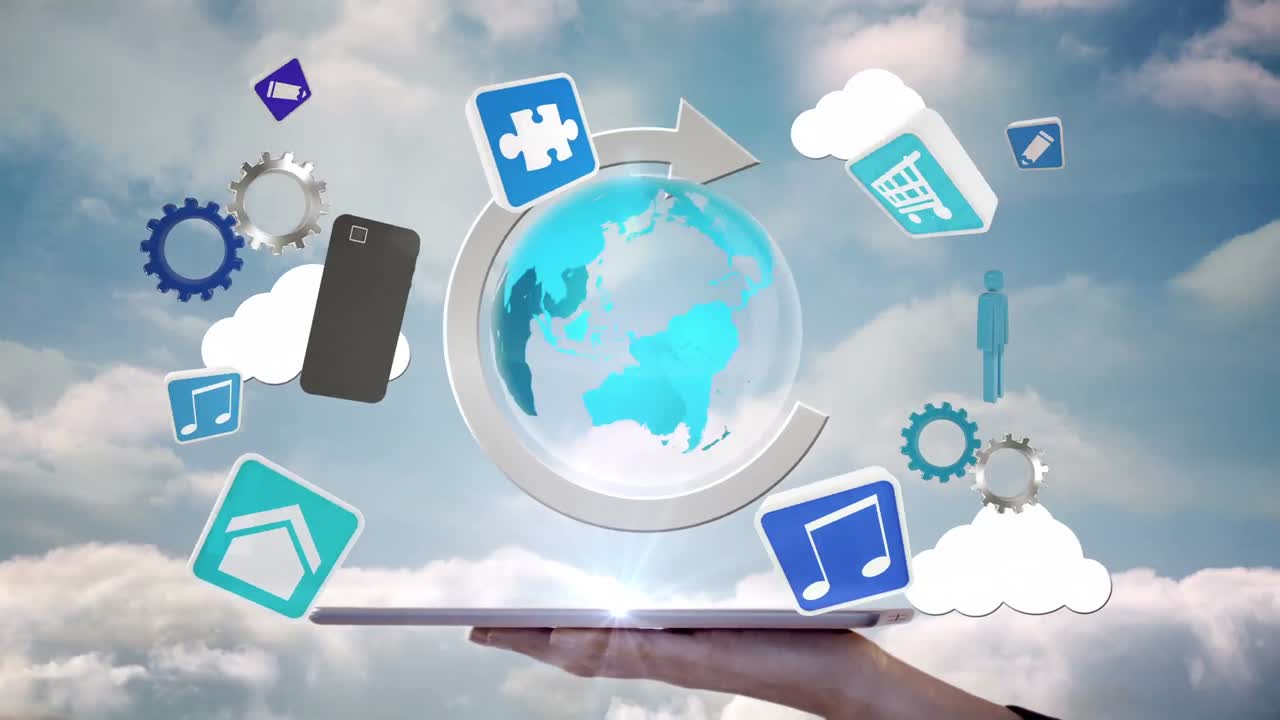 태블릿을 사용하여 홀로그램을 보는 사업가