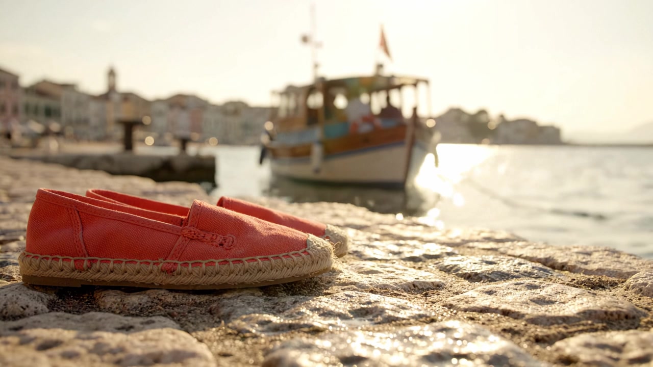 Une scène maritime sereine avec d'élégantes espadrilles oranges sur des pavés, et un bateau sous la douce lumière du coucher de soleil sur les eaux calmes.