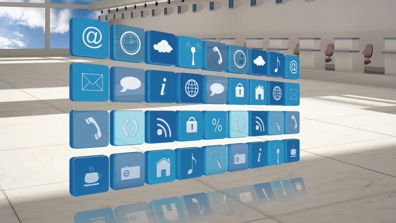 animación de filas de iconos digitales sobre un aeropuerto vacío