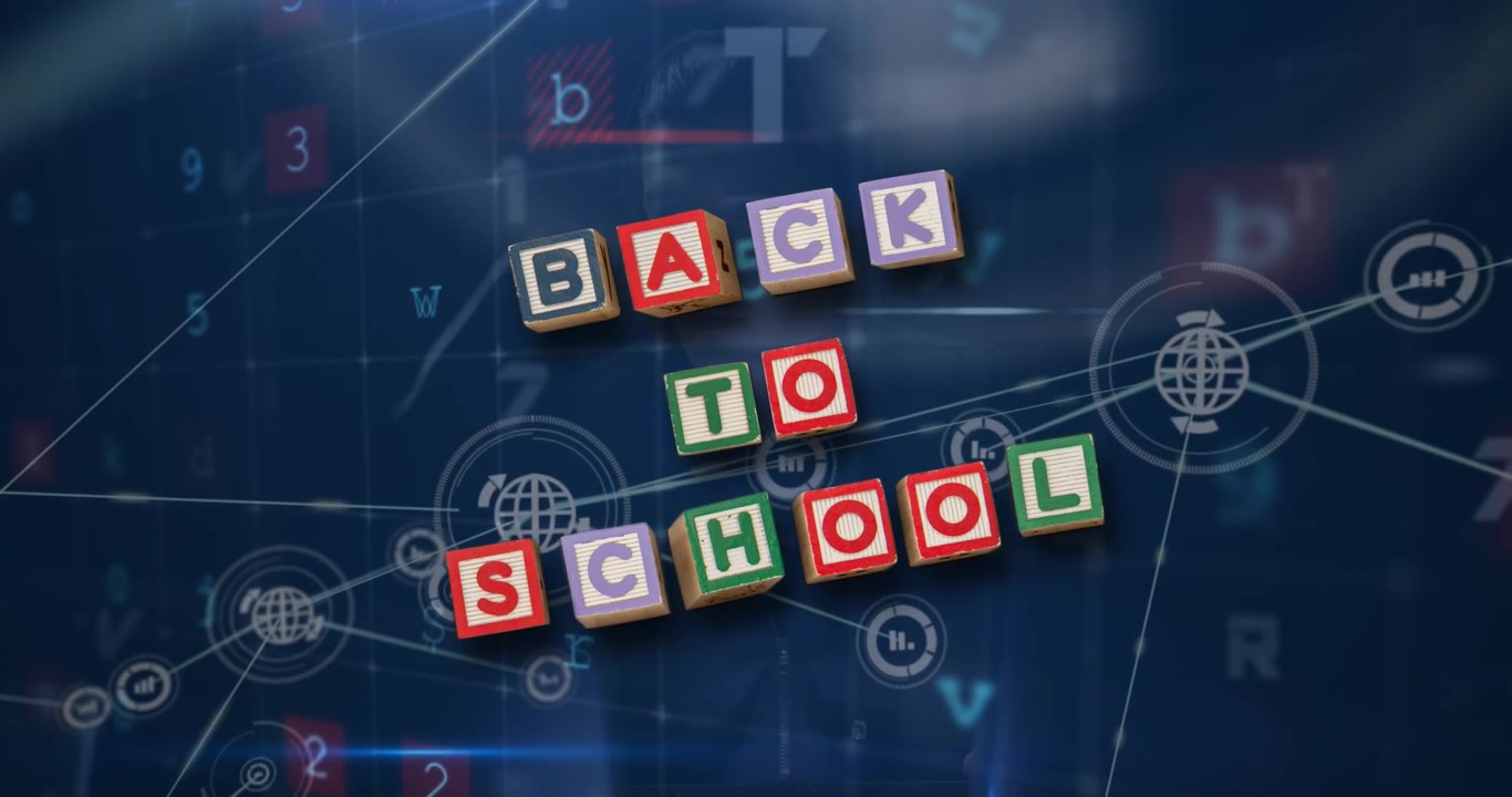 Animation of back to school, connections with icons and virus scanning on navy background