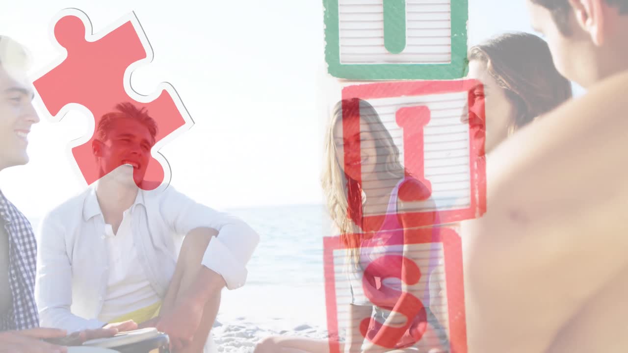 여름 해변 파티에서 행복한 친구들 위에 다채로운 퍼즐 조각과 자폐증 텍스트의 애니메이션