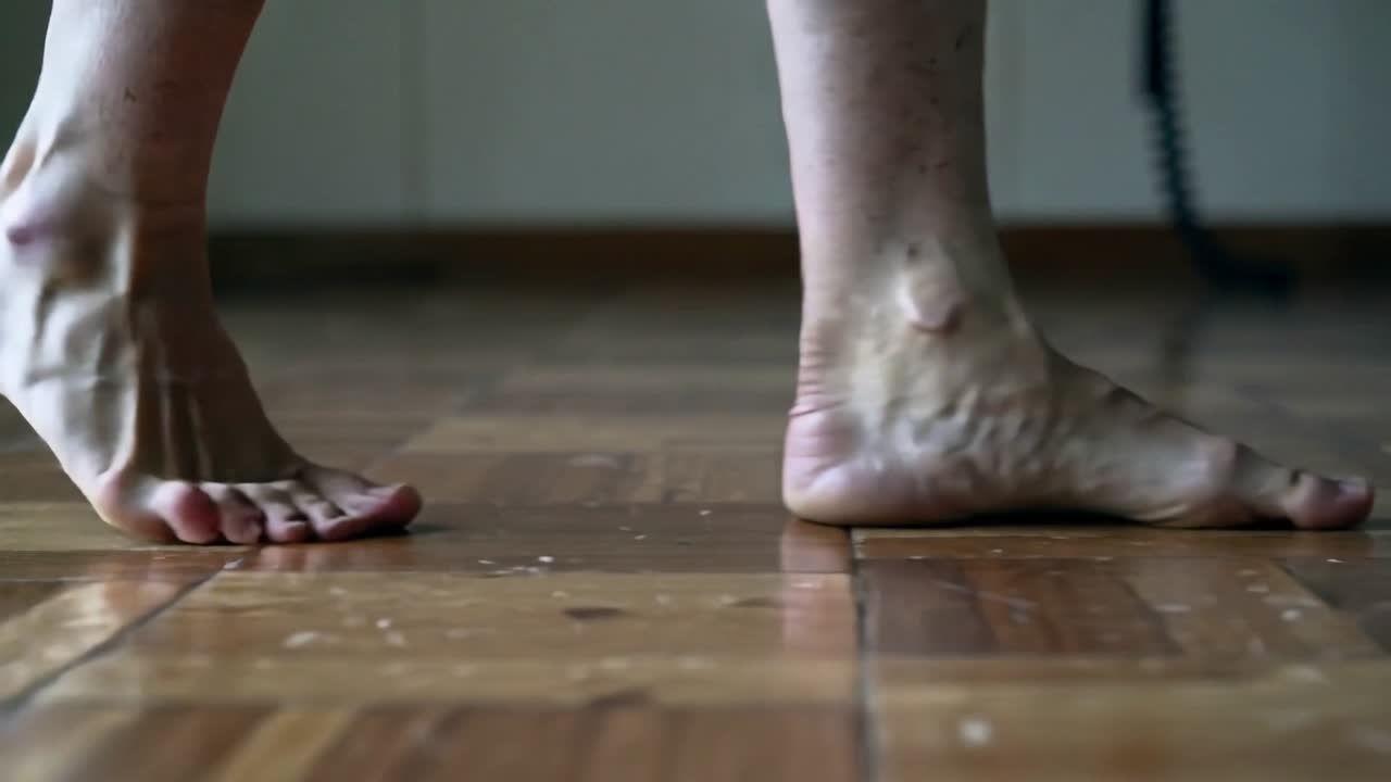 Pés de adulto impulsionando-se com os dedos dos pés, caminhando sobre o chão de parquet para atravessar o cômodo, levantando poeira