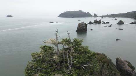 Sea-Stacks-And-Trinidad-Head-On-Misty-Day-In-Trinidad,-Humboldt-County,-California,-USA