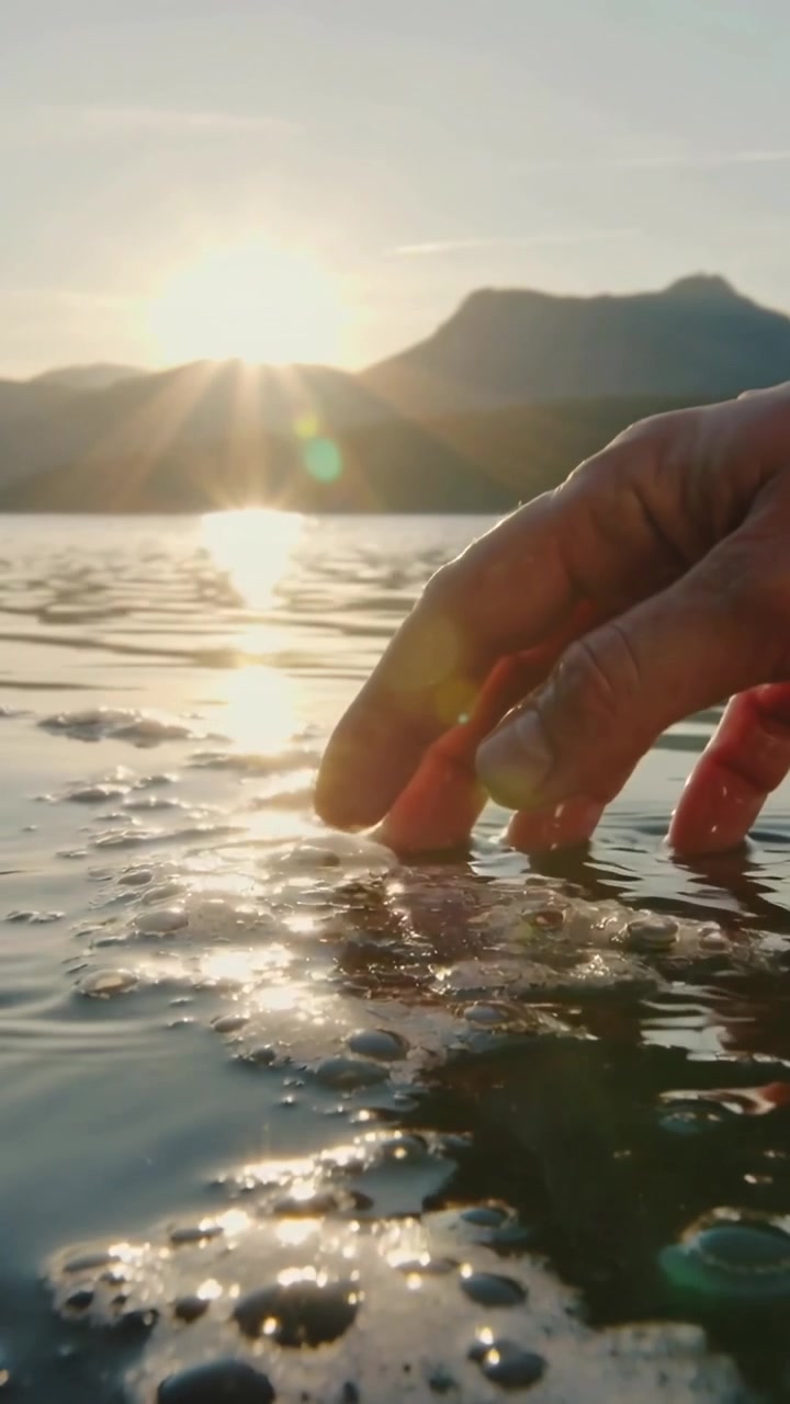 Video verticale: Una mano che si estende ed entra da destra preme la schiuma su un lago al tramonto, formando goccioline.