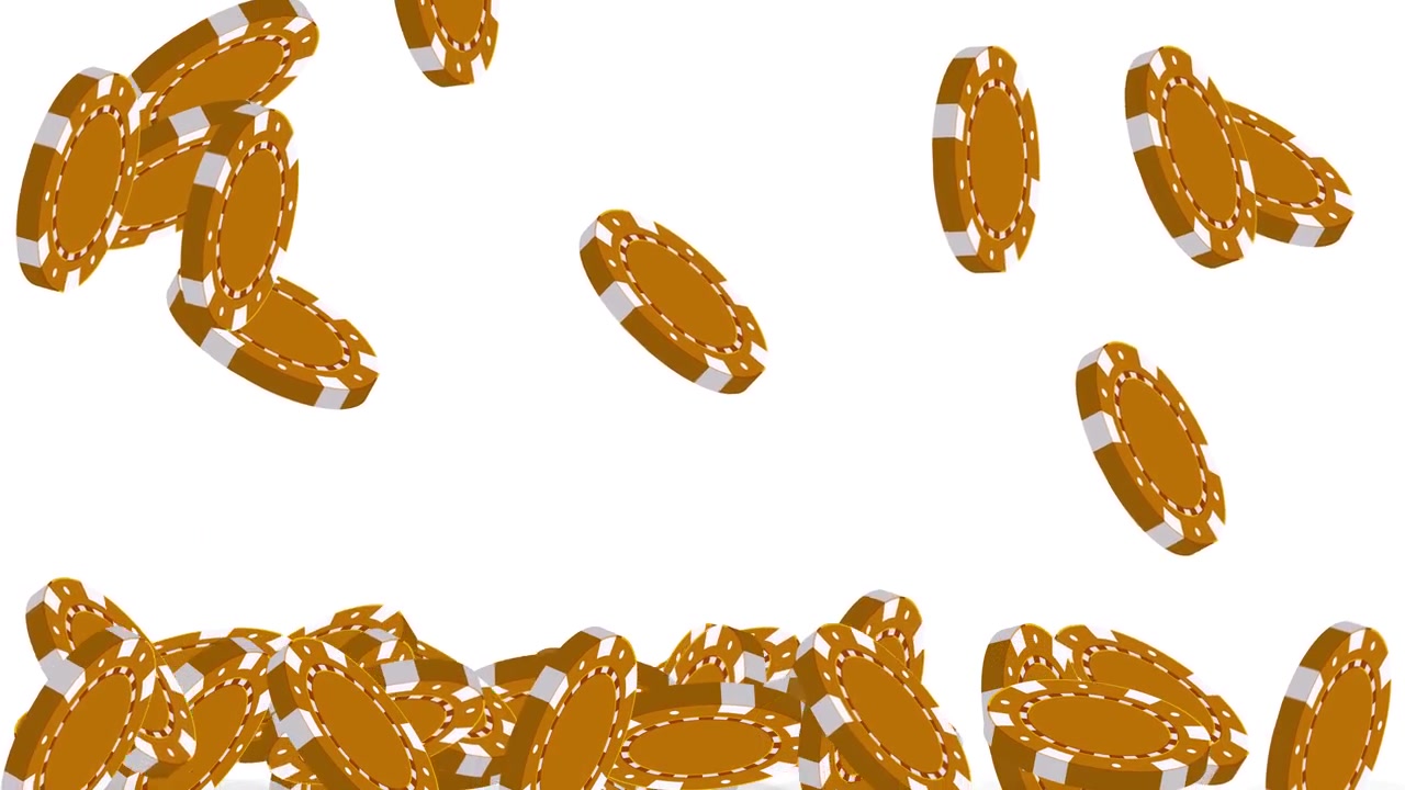 Gold gambling chips fall and bounce against a clean white background in slow motion.