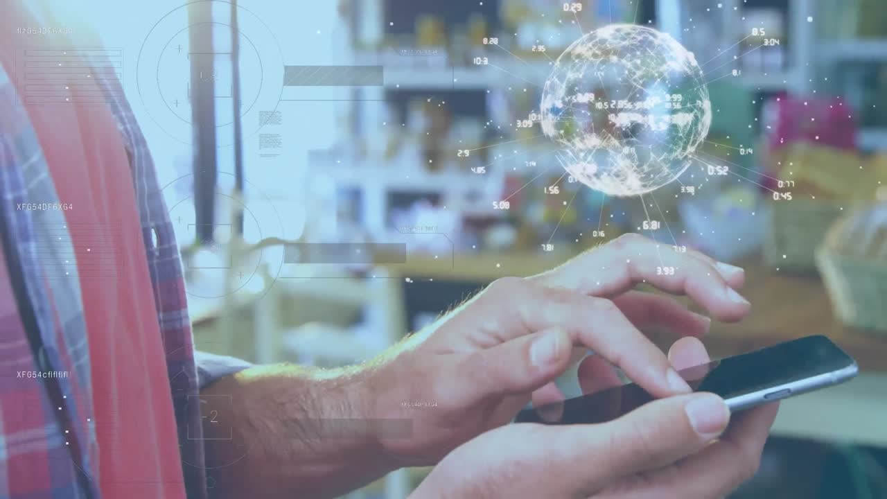 스마트폰을 사용하는 여성이 있는 지구 위의 데이터 처리의 애니메이션