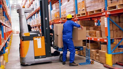 Male-worker-loading-cardboard-box-on-forklift