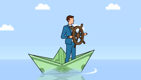 flat cartoon businessman character with helm wheel floating on dollar paper boat businesss control concept animation