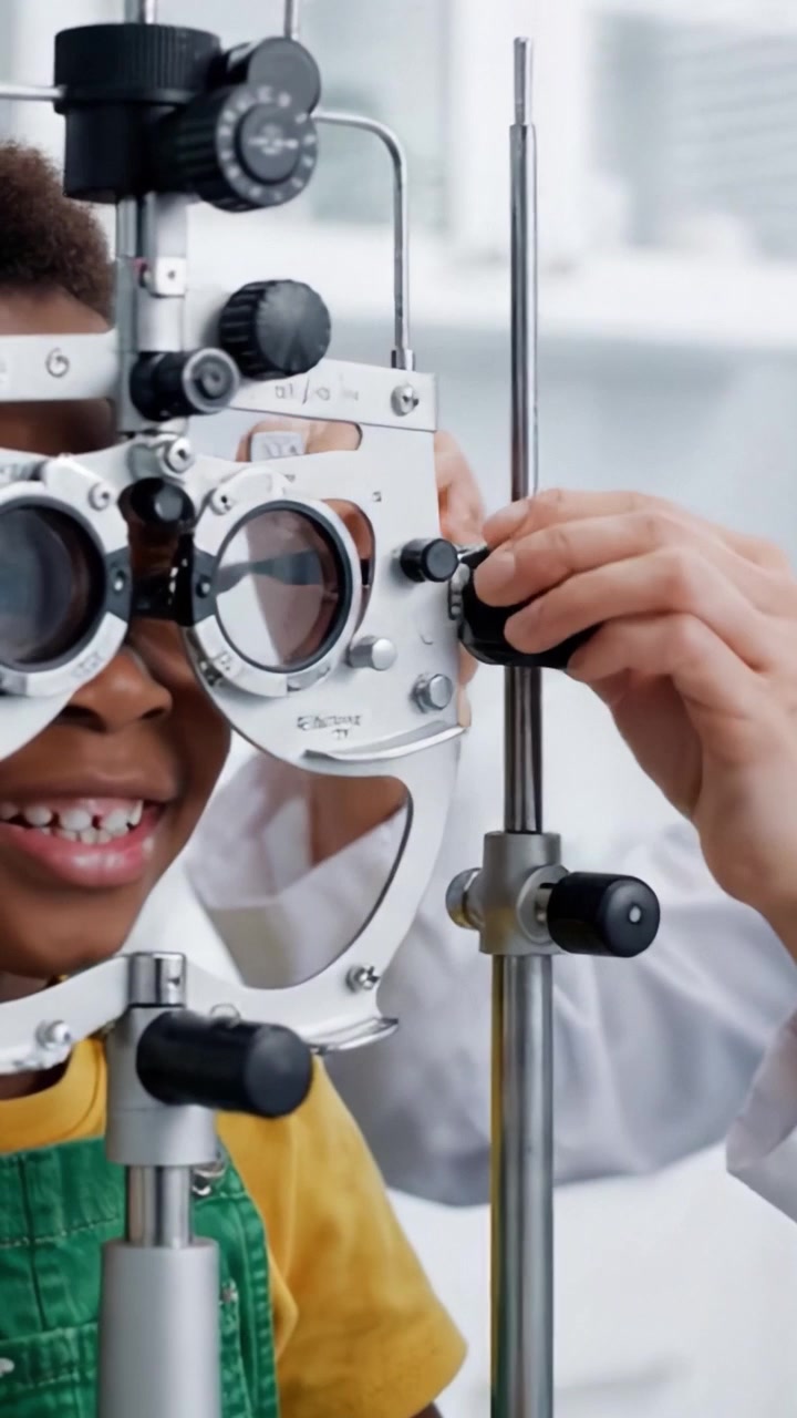 A Child Undergoing an Eye Examination with a Phoropter in a Bright, Modern Clinic Environment, Showcasing the Importance of Vision Health and Regular Check-Ups