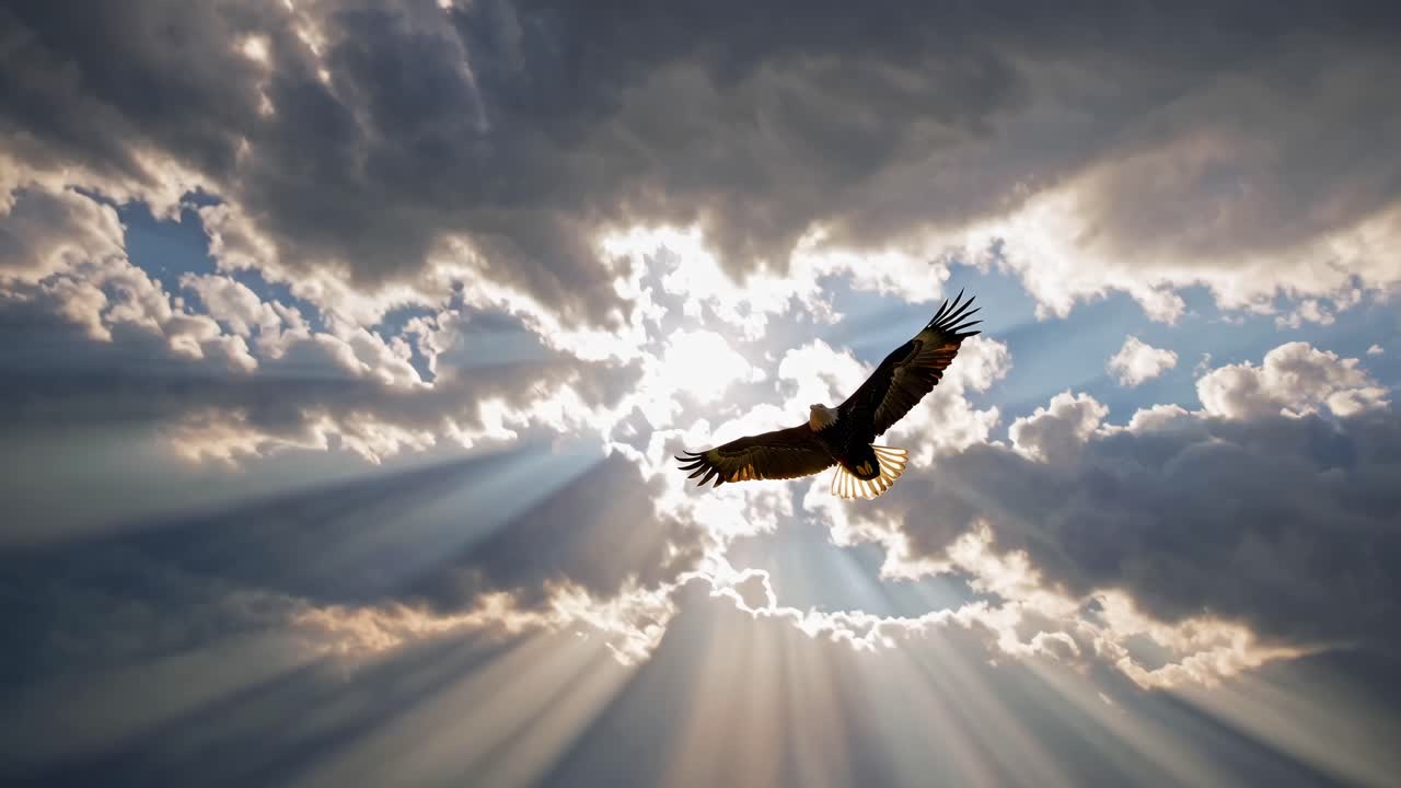 Un'aquila maestosa si libra nel cielo stagliandosi su nuvole imponenti, ripresa da una angolazione dal basso, creando un effetto cinematografico
