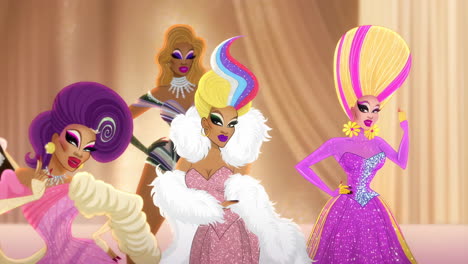 animated drag queens in elaborate costumes