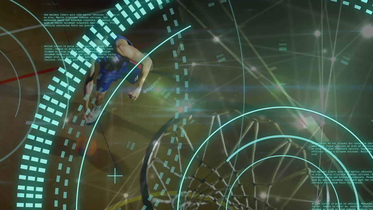 animación de escaneo de alcance y procesamiento de datos sobre hombre caucásico jugando al baloncesto.