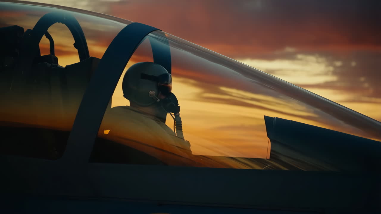Pilota di jet da combattimento nell'abitacolo con un cielo drammatico al tramonto.