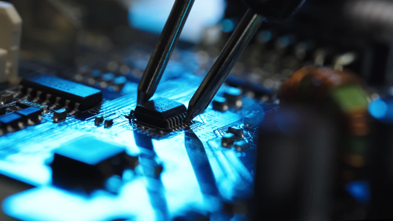 Using welding soldering iron on a chip during the manufacturing process, macro