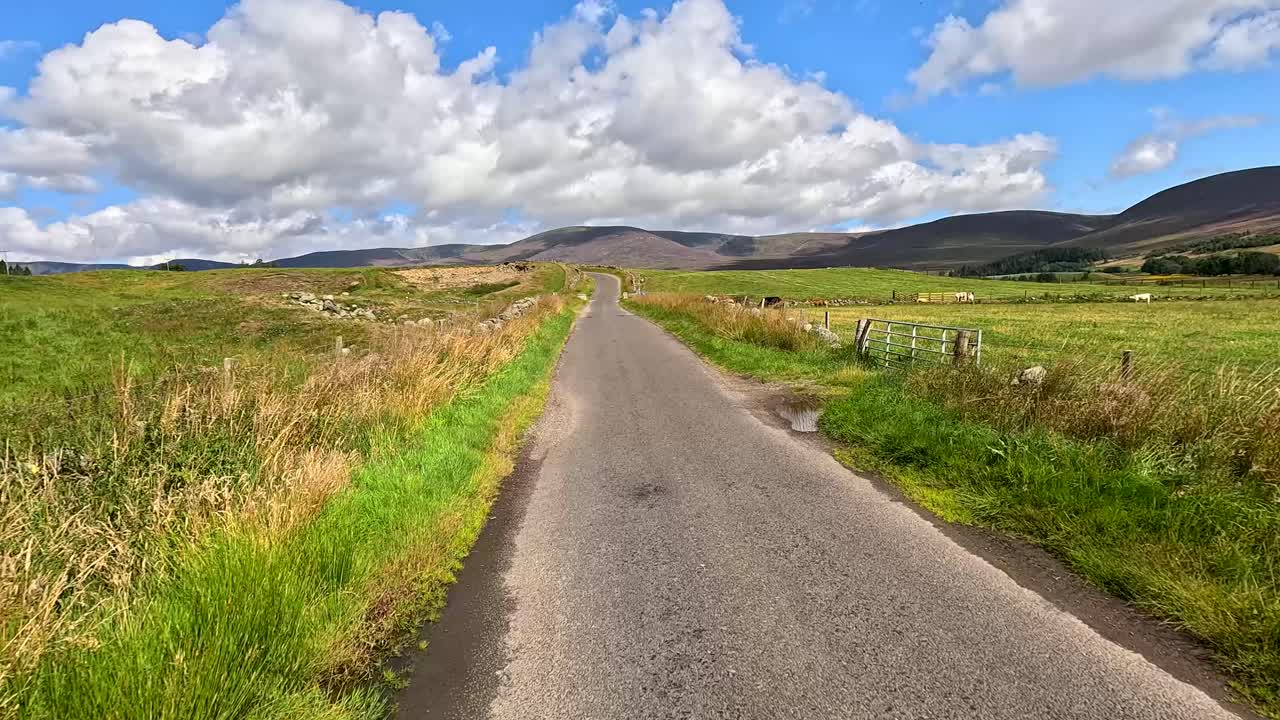 A vehicle travels a narrow country road through green fields and rolling hills under bright daylight, with steady forward camera movement and natural lighting