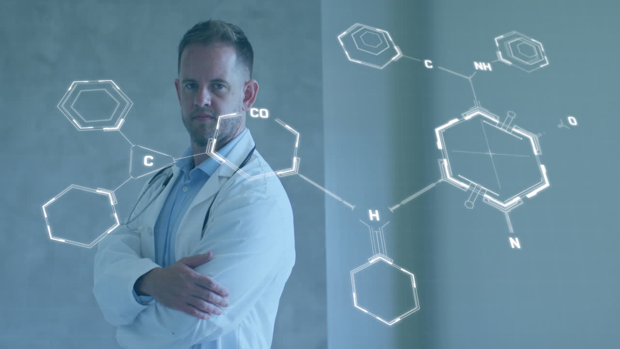 animación de estructuras químicas sobre el médico masculino caucásico