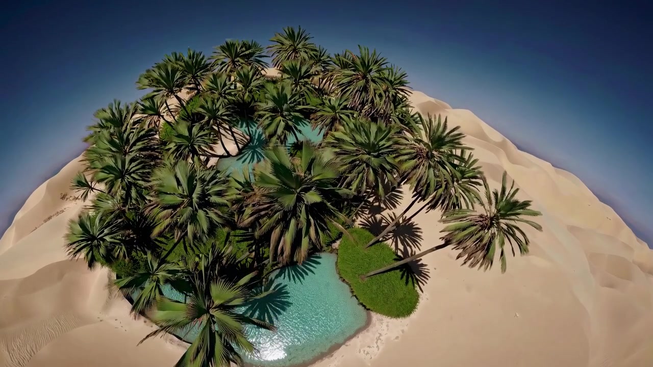 Vista aerea di un'oasi nel deserto con palme e acqua turchese
