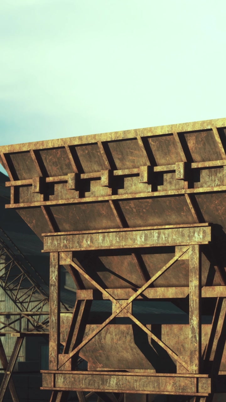 Construction site shows large metal structure under blue sky during day