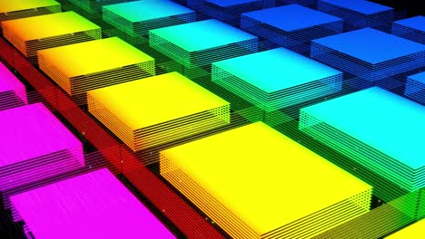 vj abstracto ciencia ficción futurista bg. volar sobre holograma multicapa 3d patrón complejo. gradiente de color arco iris de luz de neón. vista isométrica. formas simples patrón periódico. como en la cinta transportadora. rectángulos
